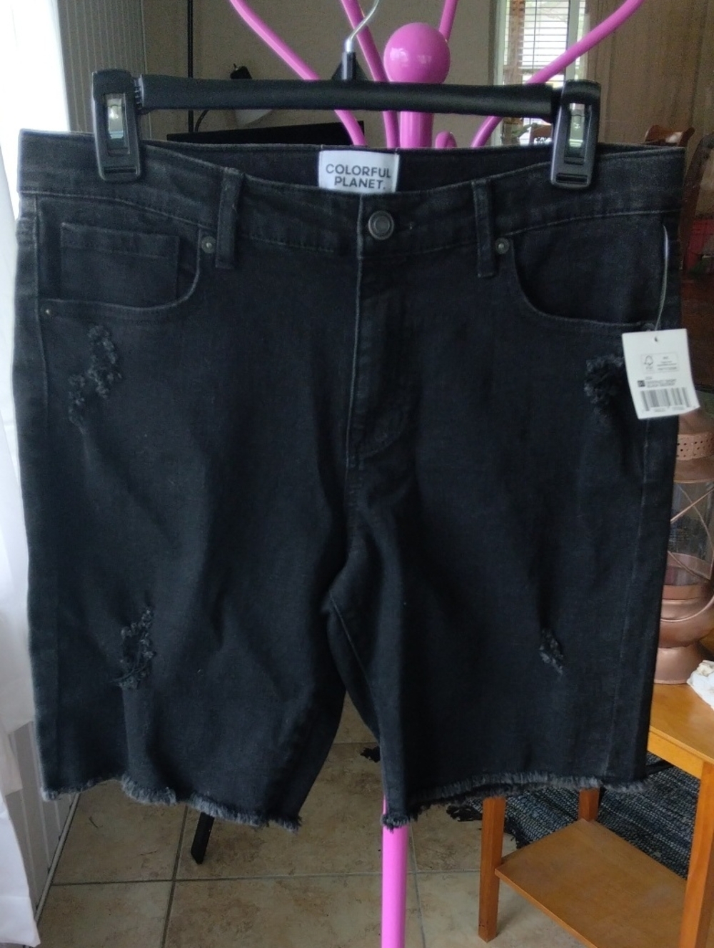 Colorful Planet Black Distressed Denim Bermuda Shorts Ladies Size 18